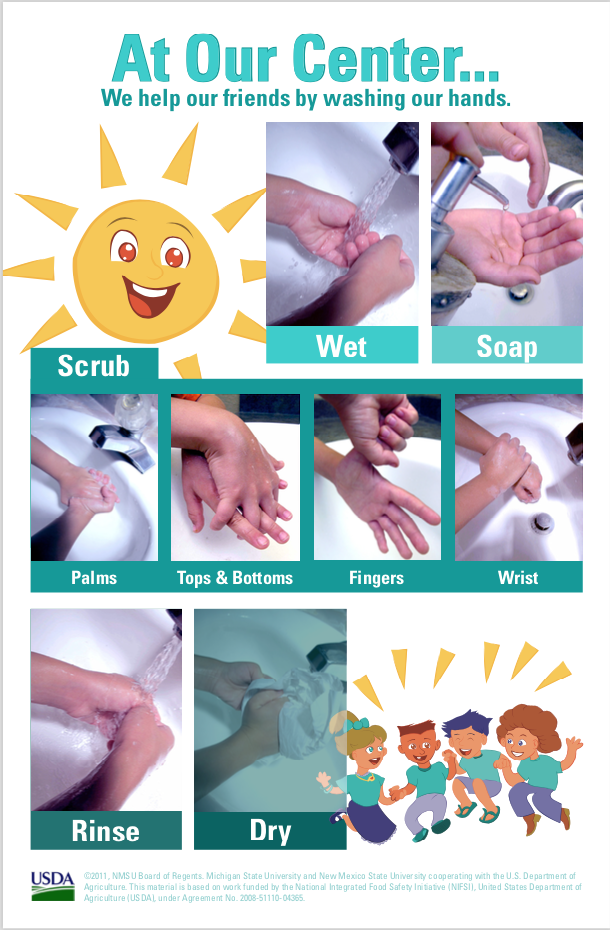 Poster with step-by-step hand washing instructions for children
